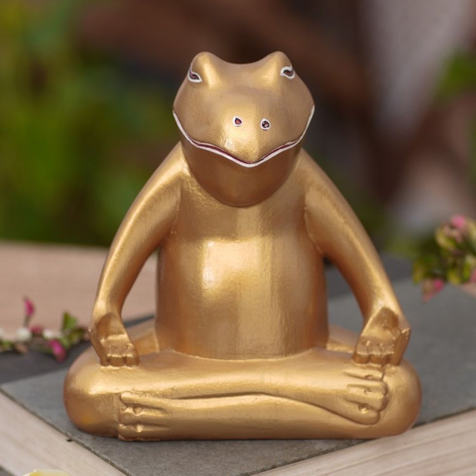 Hand Made Gold Tone Wood Frog Sculpture from Indonesia 'Peaceful Frog'