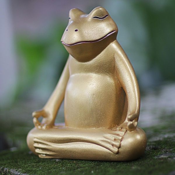 Alternate image for Hand Made Gold Tone Wood Frog Sculpture from Indonesia Peaceful Frog