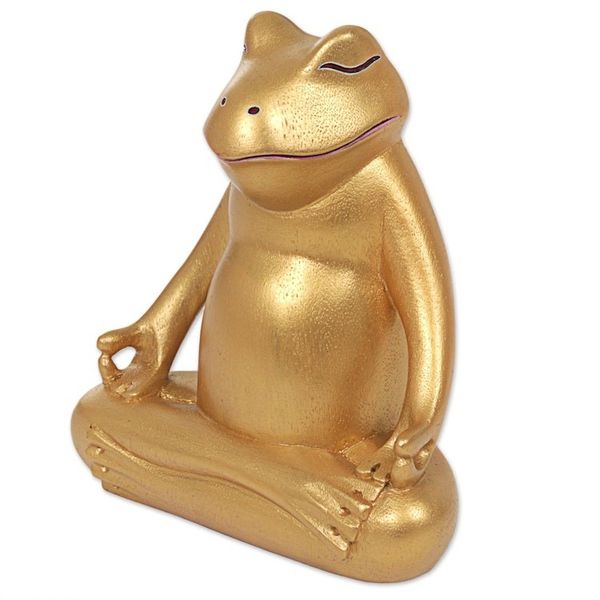 Alternate image for Hand Made Gold Tone Wood Frog Sculpture from Indonesia Peaceful Frog