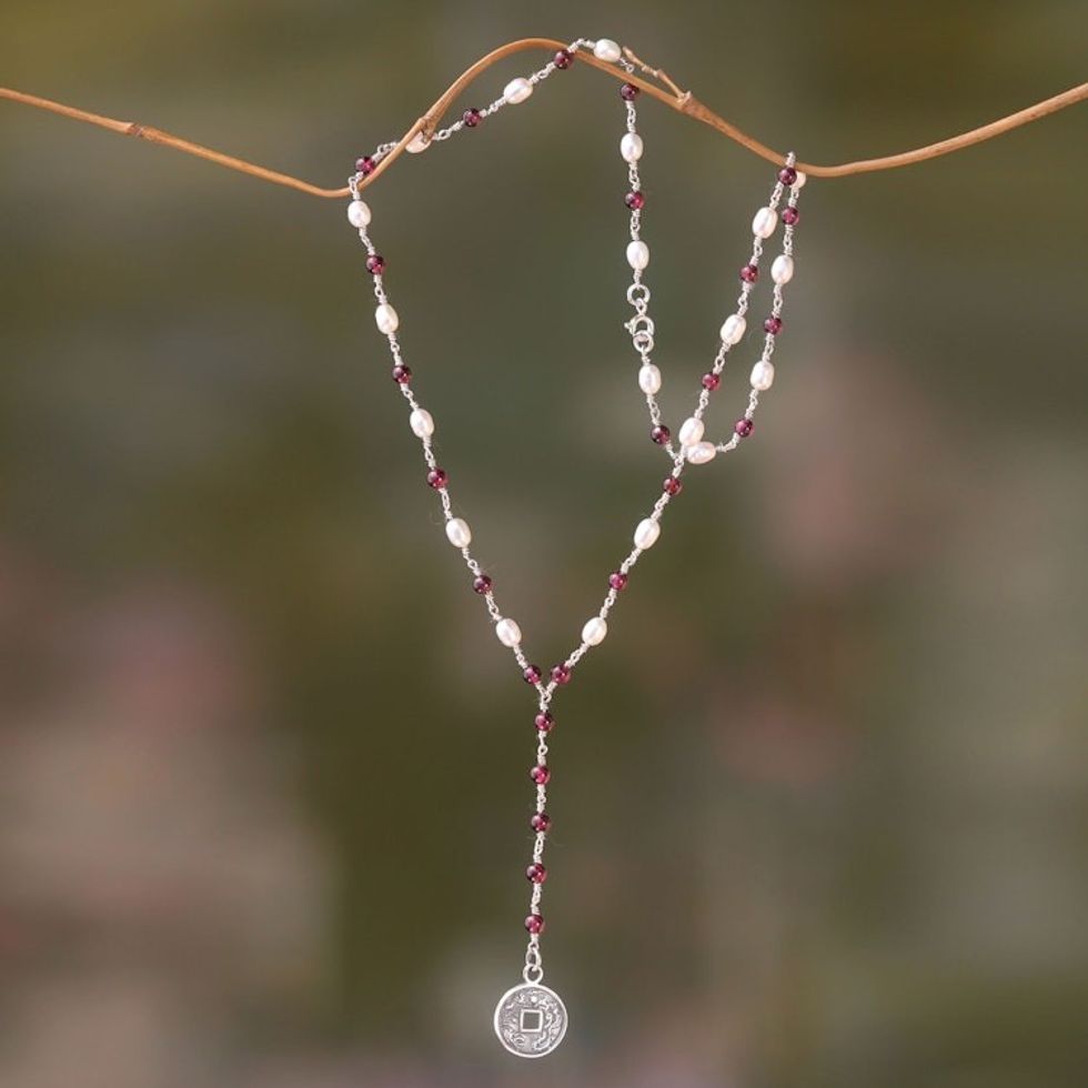 Y-Necklace with 925 Sterling Silver, Garnets and Pearls 'Ivory and Crimson Pis Bolong'