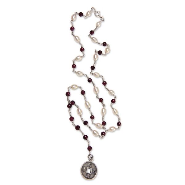 Alternate image for Y-Necklace with 925 Sterling Silver, Garnets and Pearls Ivory and Crimson Pis Bolong