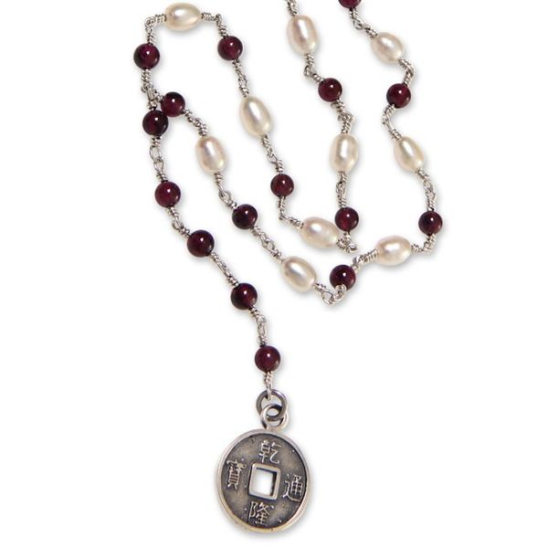 Alternate image for Y-Necklace with 925 Sterling Silver, Garnets and Pearls Ivory and Crimson Pis Bolong