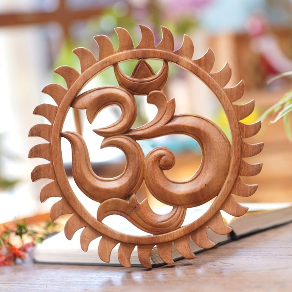 Hand Carved Wood Relief Panel Sunny Om from Indonesia 'Sunny Om'