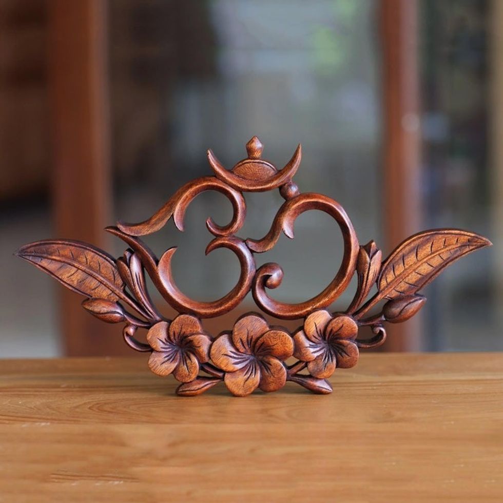 Suar Wood Spiritual Relief Panel 'Frangipani Om'