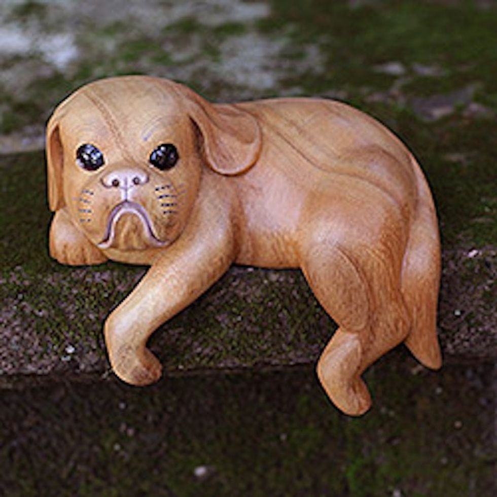 Hand Made Wood Dog Sculpture Natural Finish from Indonesia 'Curious Shih Tzu'