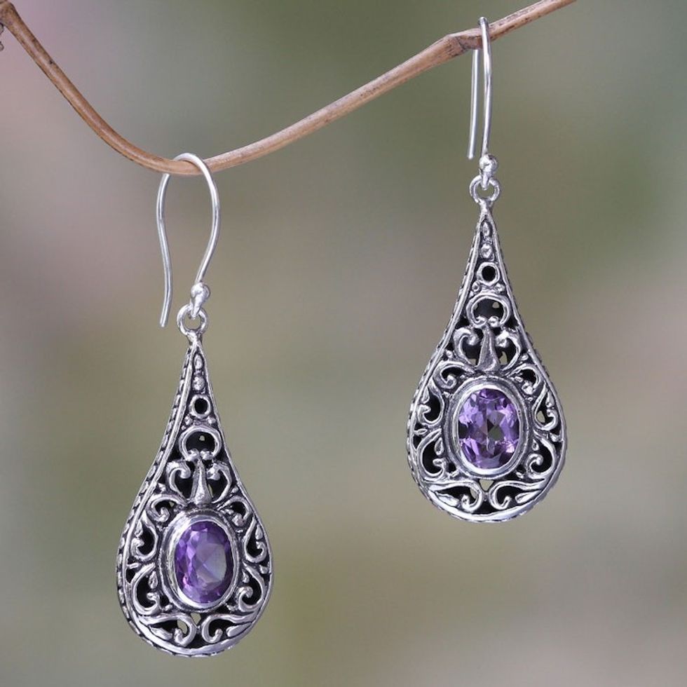 Artisan Crafted Earrings with Sterling Silver and Amethyst 'Balinese Dew'