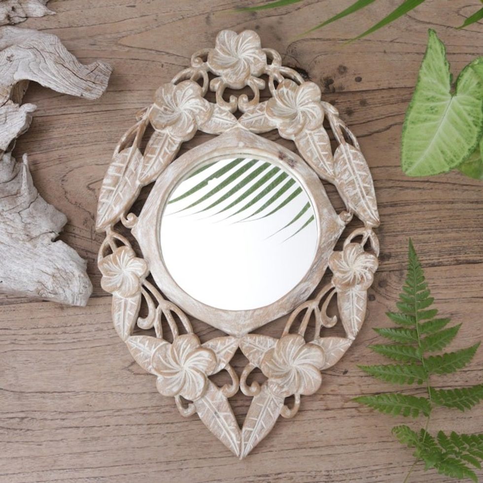 Hand-Carved Wood Round Floral Wall Mirror from Bali 'Jembrana Frangipani'