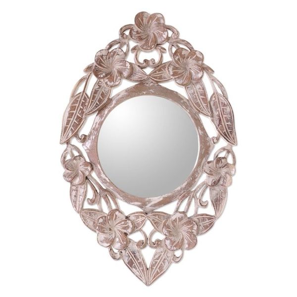 Alternate image for Hand-Carved Wood Round Floral Wall Mirror from Bali Jembrana Frangipani