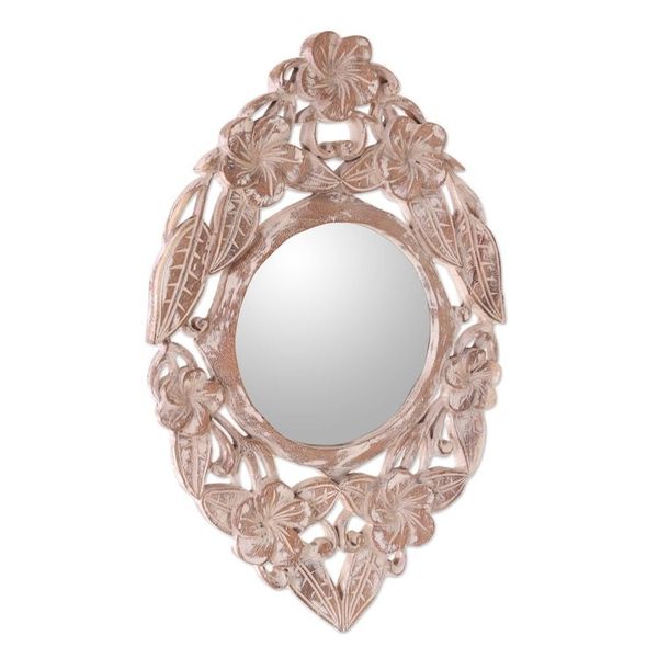 Alternate image for Hand-Carved Wood Round Floral Wall Mirror from Bali Jembrana Frangipani