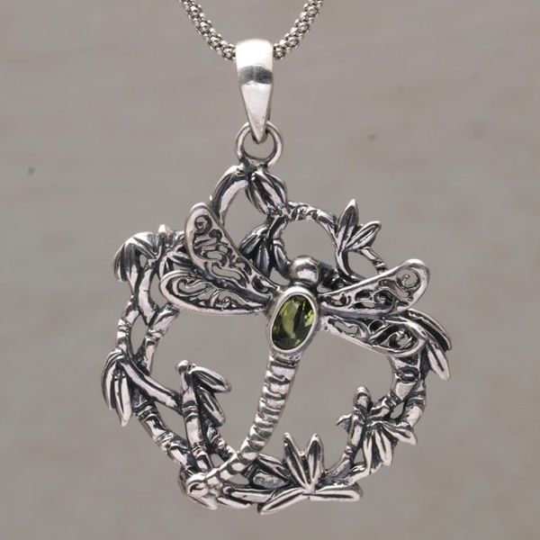 Alternate image for Peridot and 925 Silver Dragonfly Pendant Necklace from Bali Dancing Dragonfly