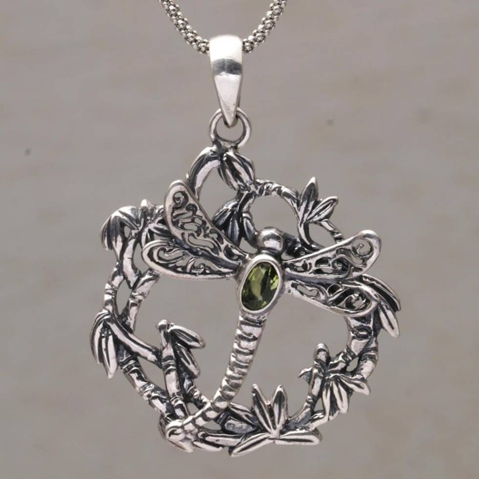 Peridot and 925 Silver Dragonfly Pendant Necklace from Bali 'Dancing Dragonfly'