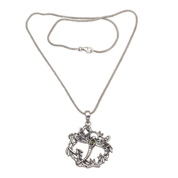 Alternate image for Peridot and 925 Silver Dragonfly Pendant Necklace from Bali Dancing Dragonfly