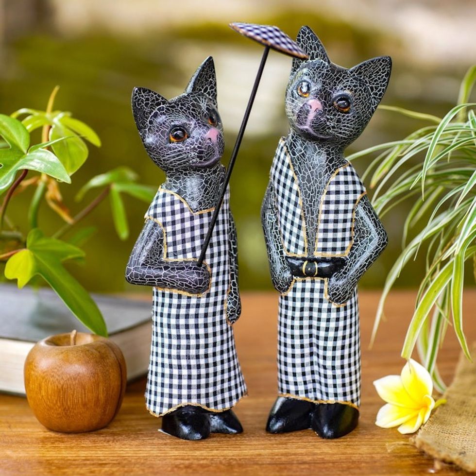 Hand Made Wood Cat Sculptures Dark Grey Pair Indonesia 'Bali Cat Couple in Dark Grey'
