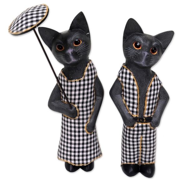 Alternate image for Hand Made Wood Cat Sculptures Dark Grey Pair Indonesia Bali Cat Couple in Dark Grey
