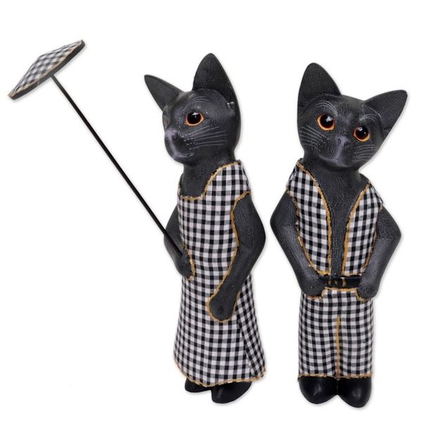 Alternate image for Hand Made Wood Cat Sculptures Dark Grey Pair Indonesia Bali Cat Couple in Dark Grey