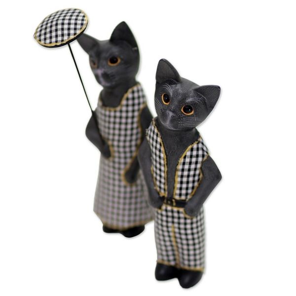 Alternate image for Hand Made Wood Cat Sculptures Dark Grey Pair Indonesia Bali Cat Couple in Dark Grey