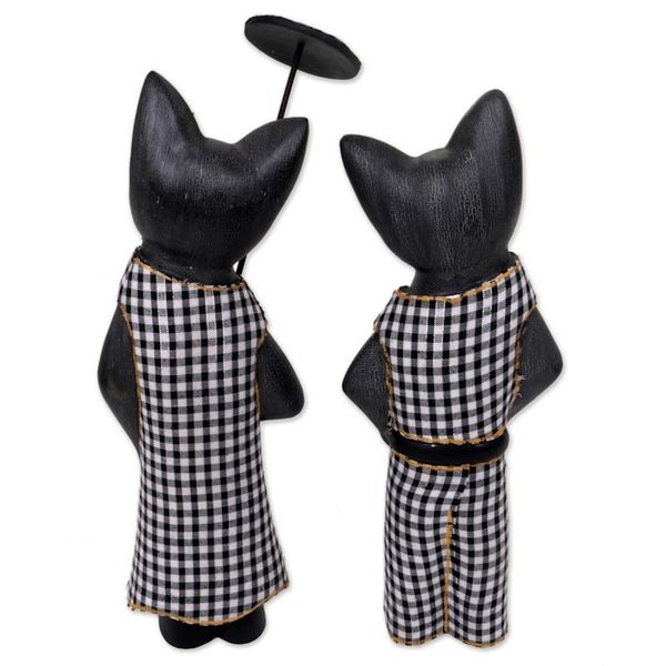 Alternate image for Hand Made Wood Cat Sculptures Dark Grey Pair Indonesia Bali Cat Couple in Dark Grey