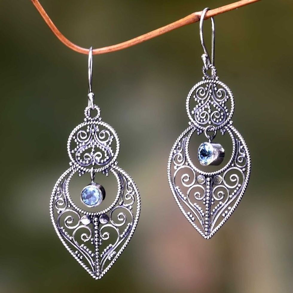 Blue Topaz and Sterling Silver Dangle Earrings from Bali 'Majapahit Glory'