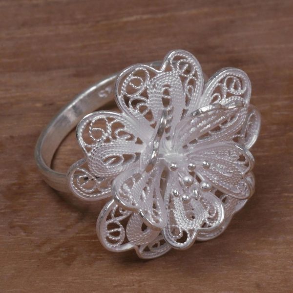 Alternate image for Hand Made Sterling Silver Cocktail Ring Floral Indonesia Sterling Jasmine