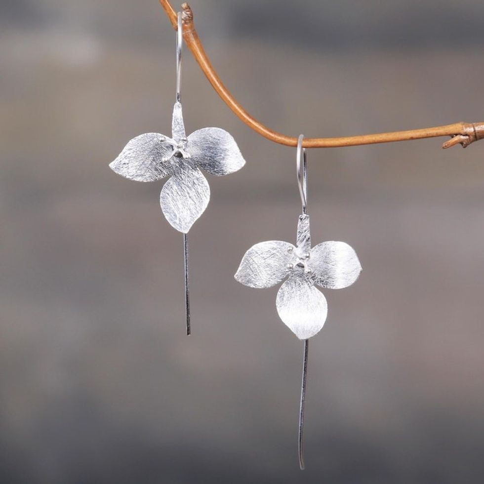 Artisan Crafted Sterling Silver Floral Drop Earrings 'Silver Tri Flower'