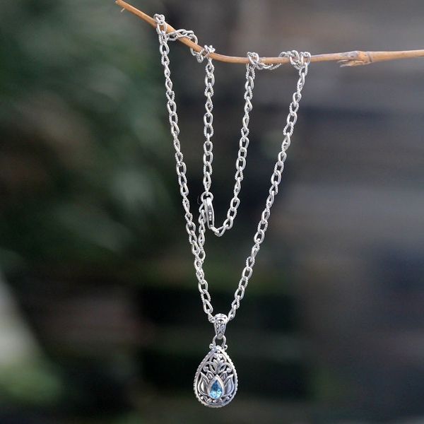 Alternate image for Artisan Crafted Floral Silver Necklace with Blue Topaz Padma Lotus