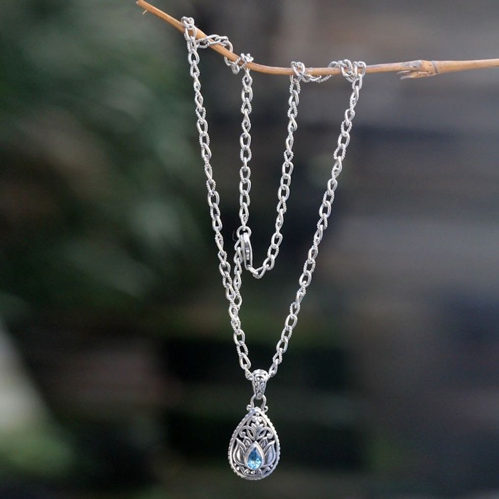 Artisan Crafted Floral Silver Necklace with Blue Topaz 'Padma Lotus'