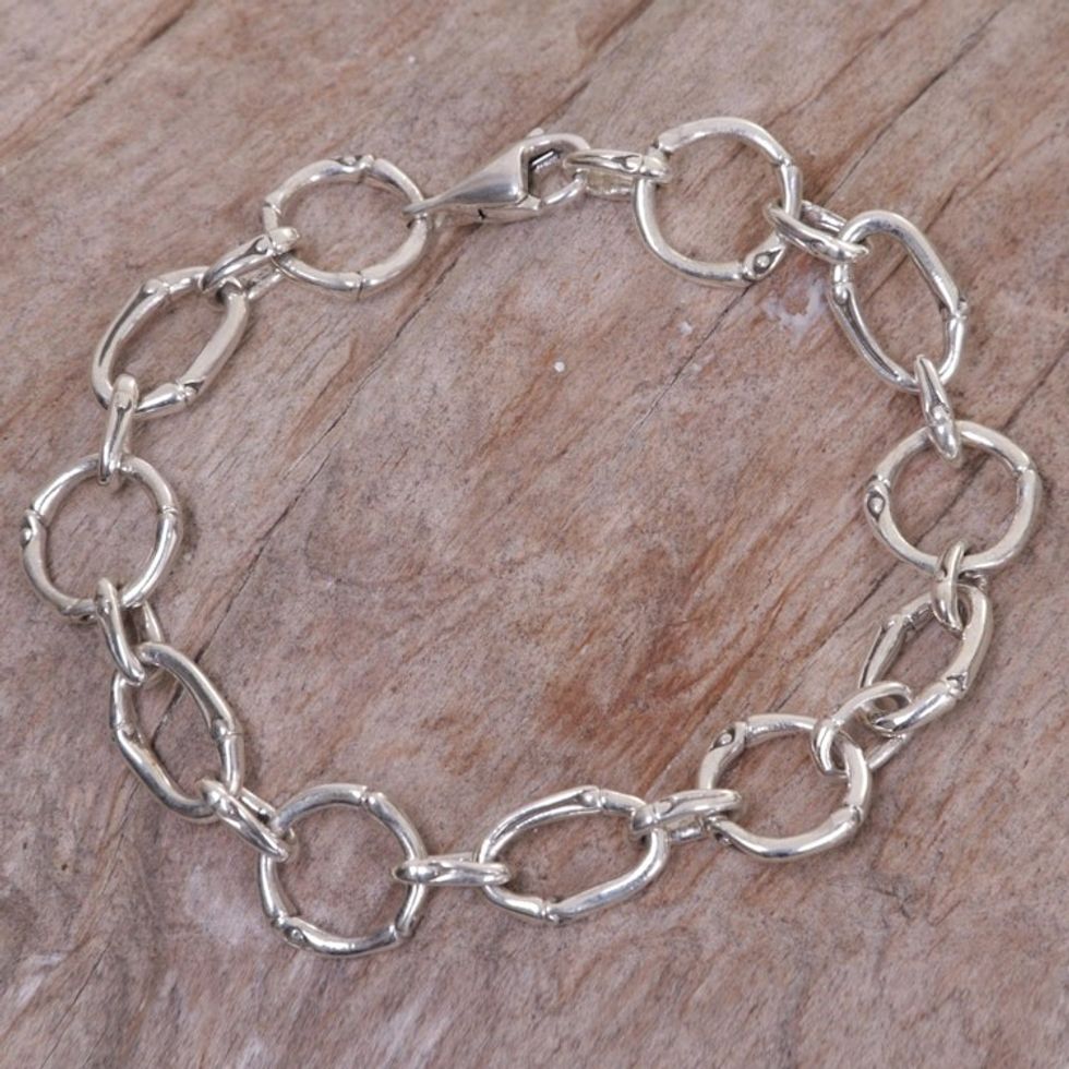 Handcrafted Sterling Silver Engraved Link Bracelet from Bali 'Bamboo Chain'