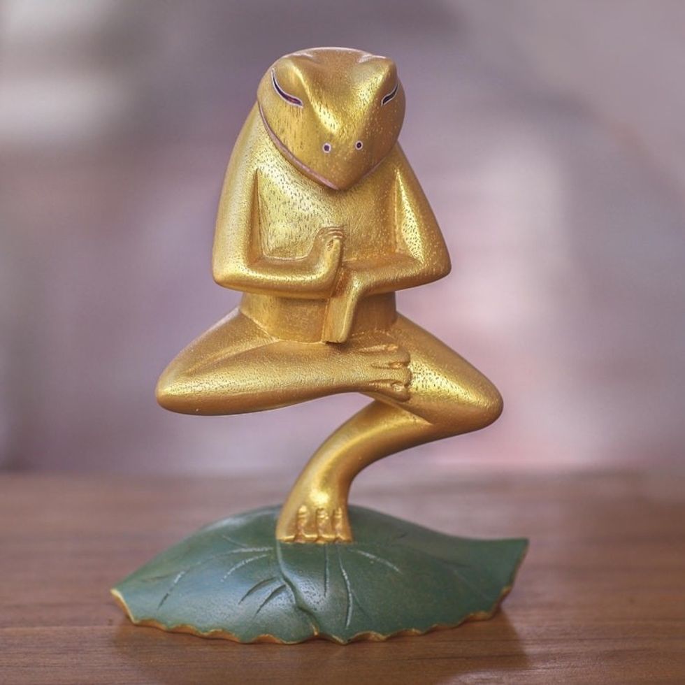 Handmade Wood Frog Yoga Statuette with Golden Finish 'Vrkasana Yoga Frog'