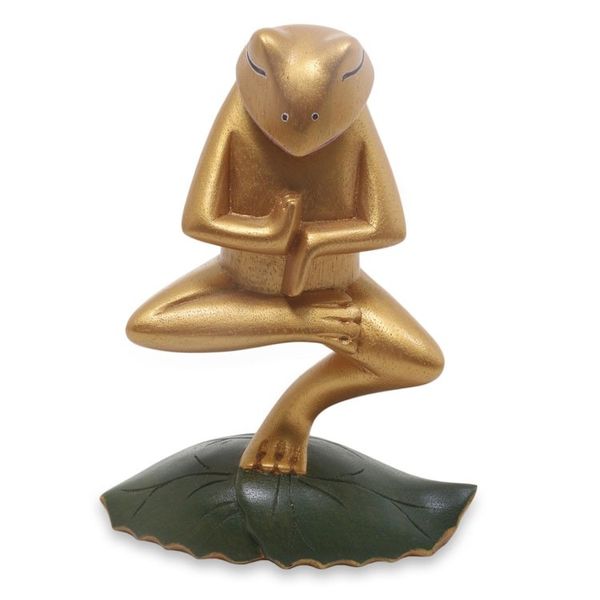 Alternate image for Handmade Wood Frog Yoga Statuette with Golden Finish Vrkasana Yoga Frog