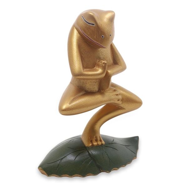 Alternate image for Handmade Wood Frog Yoga Statuette with Golden Finish Vrkasana Yoga Frog