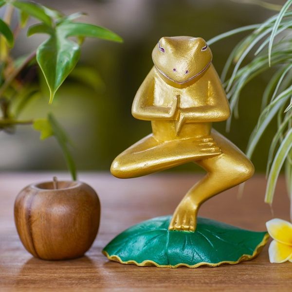 Alternate image for Handmade Wood Frog Yoga Statuette with Golden Finish Vrkasana Yoga Frog