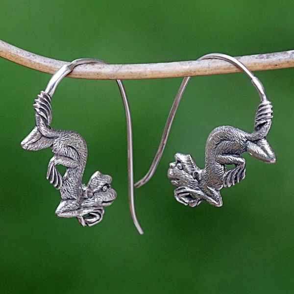 Alternate image for Sterling Silver Monkey Drop Earrings from Indonesia Reposing Monkey