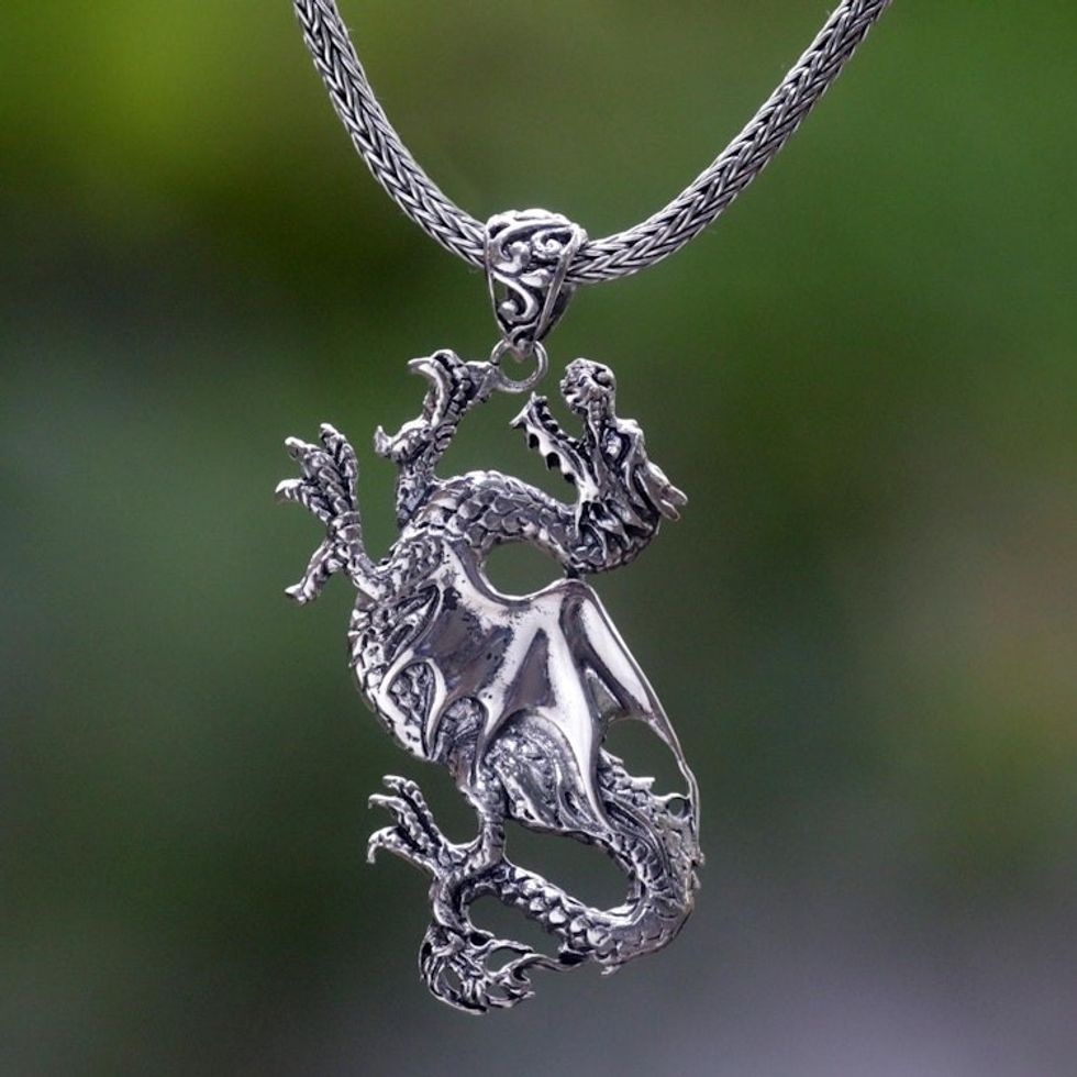 Handmade Indonesian Sterling Silver Pendant Dragon Necklace 'Dragon Rage'