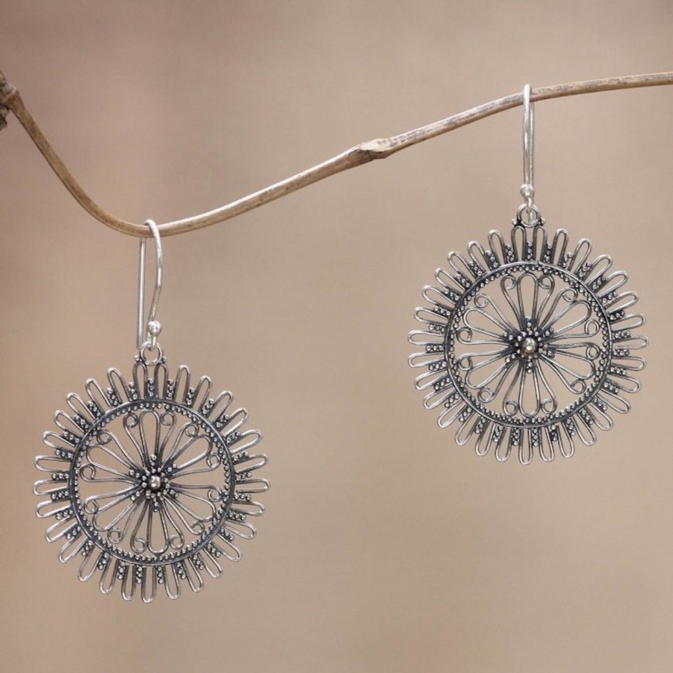 Handmade Sterling Silver Dangle Earrings 'Dazzling Suns'