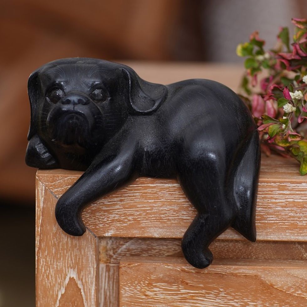 Hand Made Wood Dog Sculpture Black Finish from Indonesia 'Curious Shih Tzu in Black'