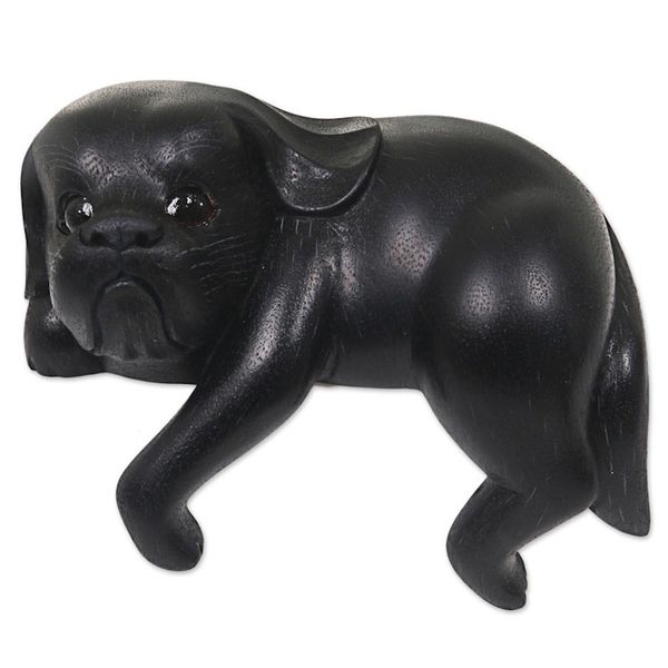 Alternate image for Hand Made Wood Dog Sculpture Black Finish from Indonesia Curious Shih Tzu in Black