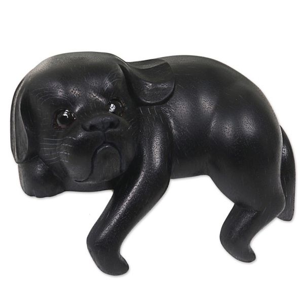Alternate image for Hand Made Wood Dog Sculpture Black Finish from Indonesia Curious Shih Tzu in Black