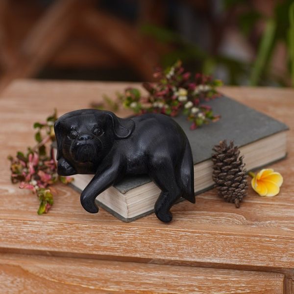 Alternate image for Hand Made Wood Dog Sculpture Black Finish from Indonesia Curious Shih Tzu in Black