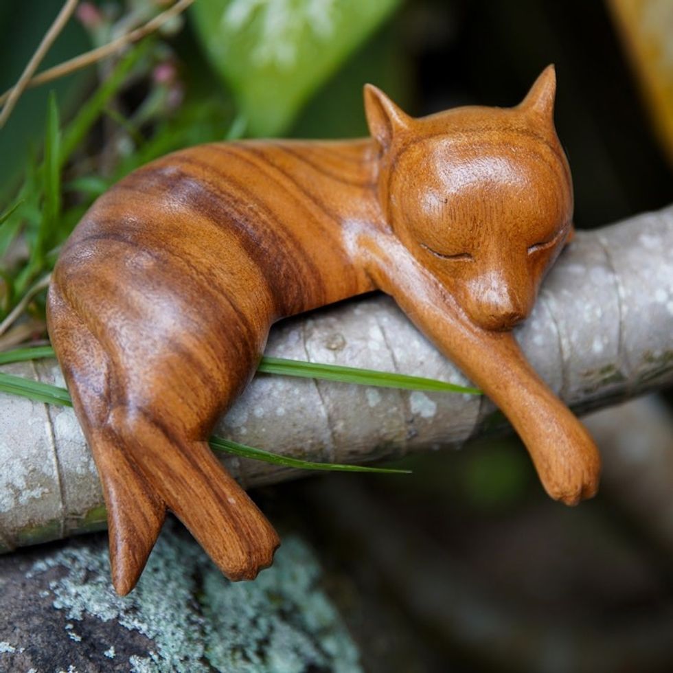 Artisan Carved Balinese Wood Sculpture of a Dog 'Sleepy Kintamani Dog'