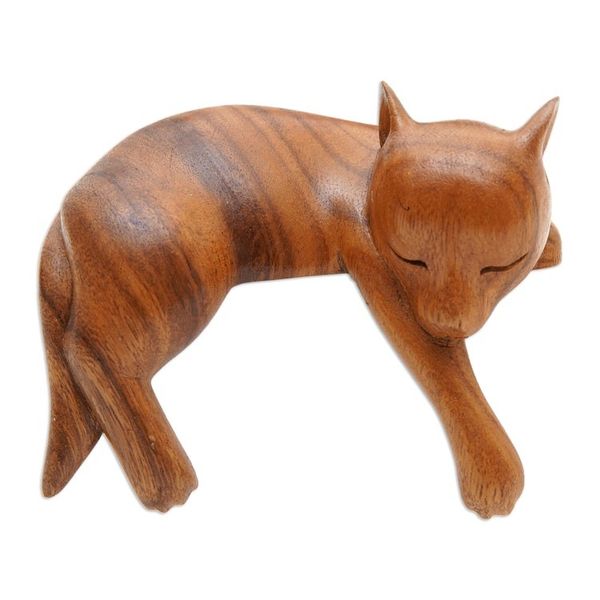 Alternate image for Artisan Carved Balinese Wood Sculpture of a Dog Sleepy Kintamani Dog