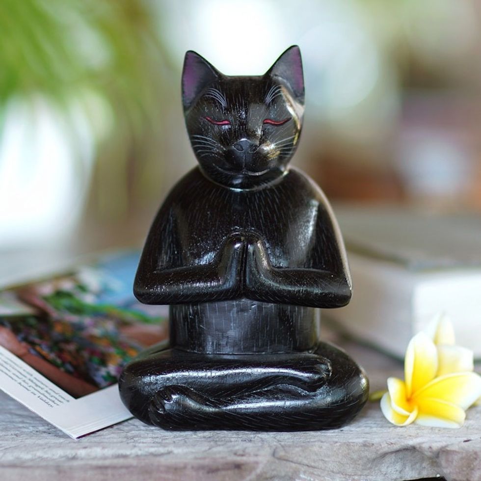 Handcrafted Suar Wood Sculpture 'Black Cat in Deep Meditation'