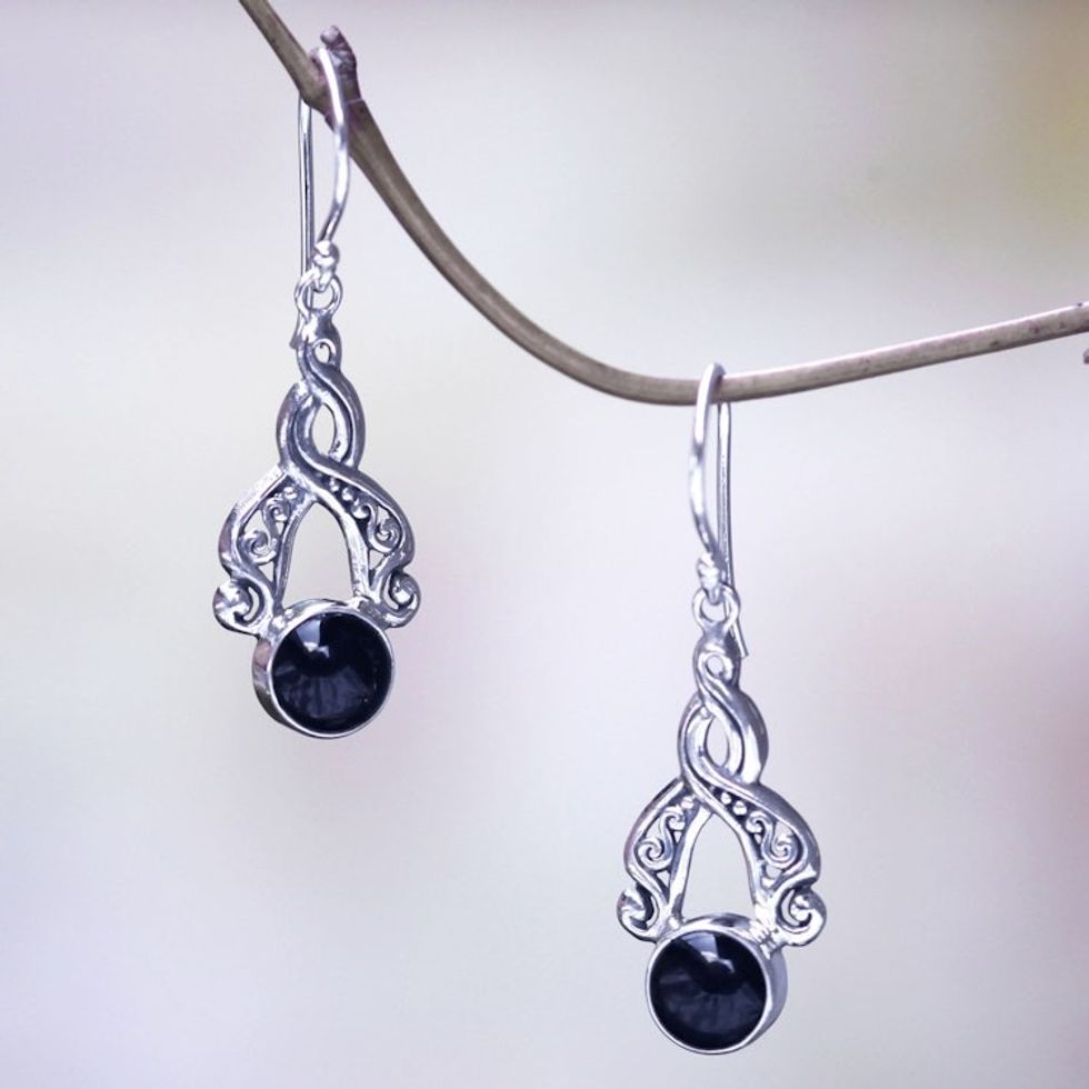 Handcrafted Silver and Onyx Dangle Earrings from Bali 'Midnight Embrace'