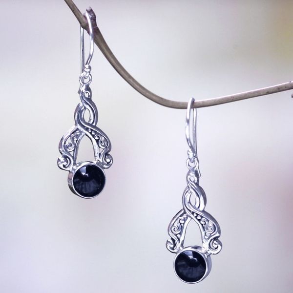 Alternate image for Handcrafted Silver and Onyx Dangle Earrings from Bali Midnight Embrace