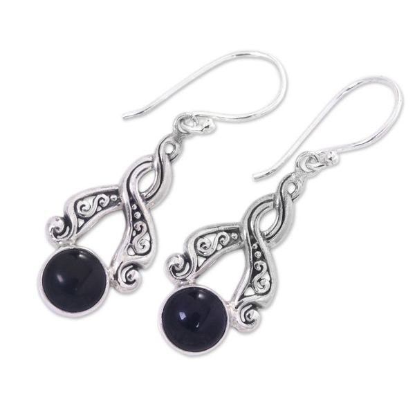Alternate image for Handcrafted Silver and Onyx Dangle Earrings from Bali Midnight Embrace