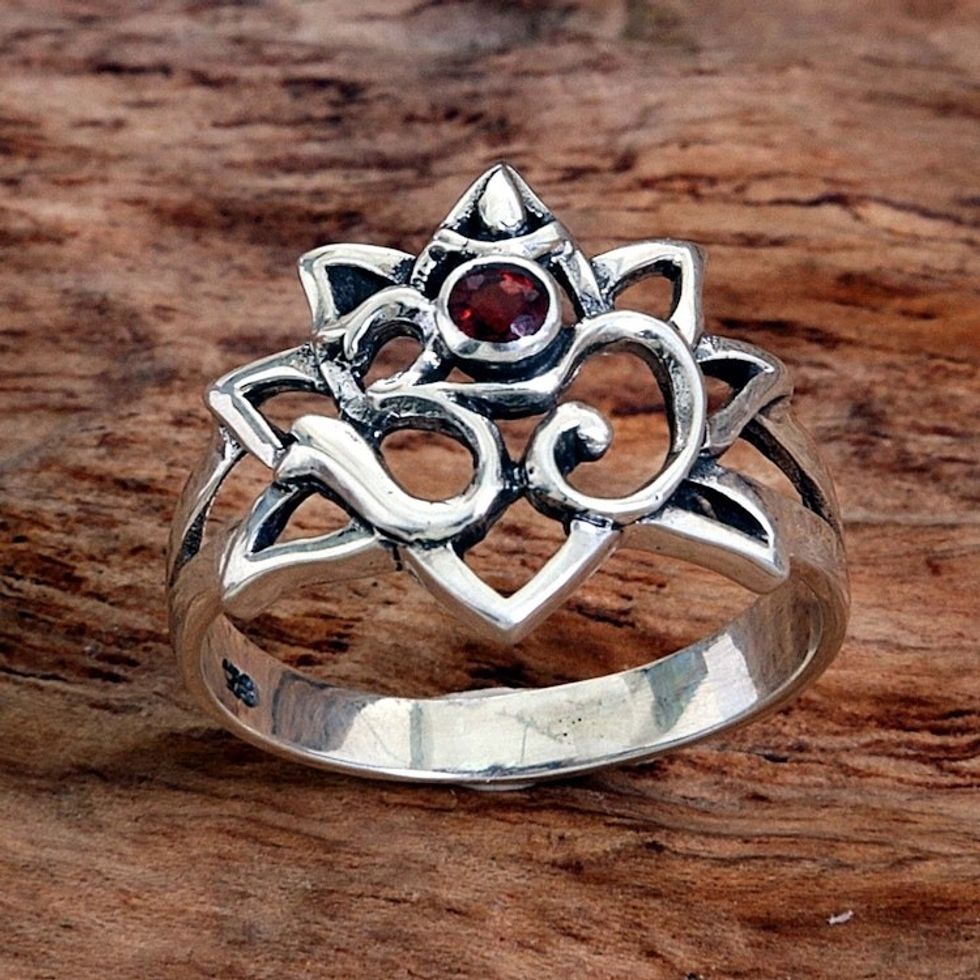 Garnet Sterling Silver Om Cocktail Ring from Indonesia 'Jeweled Om'