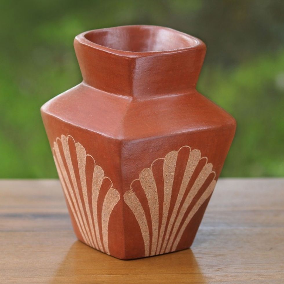 Square Brown Terracotta Vase 'Brown Fan Dance'