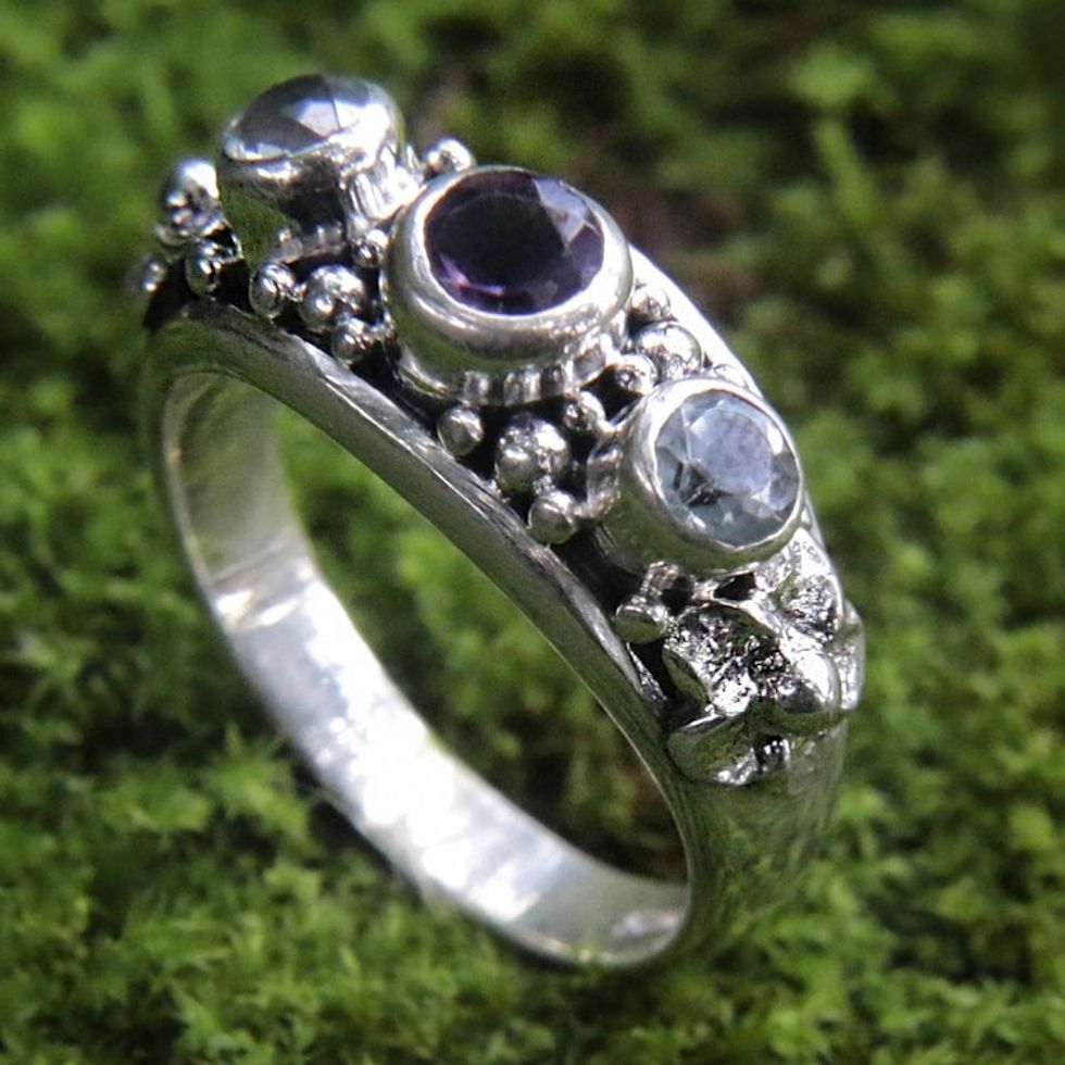Amethyst and Blue Topaz Sterling Silver Floral Ring 'Seminyak Blossoms'