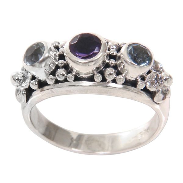 Alternate image for Amethyst and Blue Topaz Sterling Silver Floral Ring Seminyak Blossoms