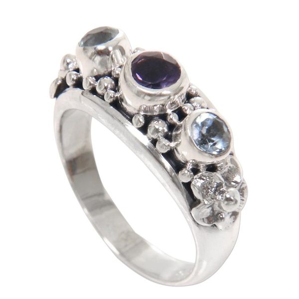 Alternate image for Amethyst and Blue Topaz Sterling Silver Floral Ring Seminyak Blossoms