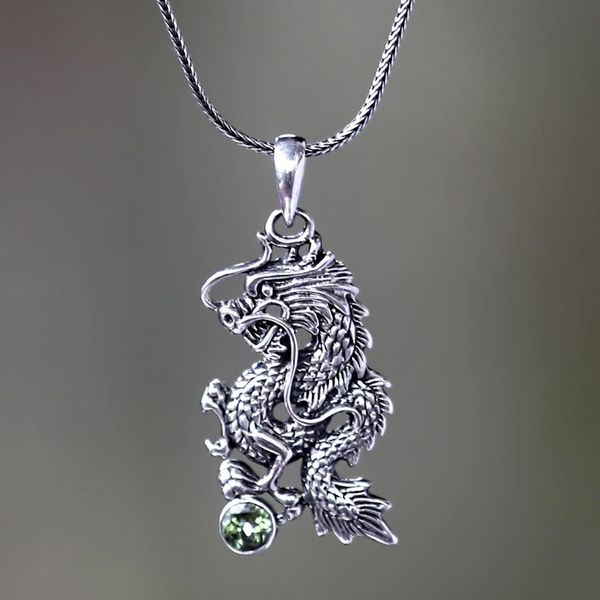 Alternate image for Men Fair Trade Jewelry Sterling Silver and Peridot Necklace Dragons Ball